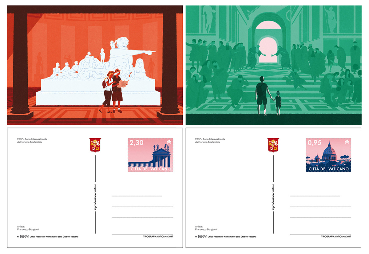 Illustrations for a series of Vatican City postcards about the International Year of sustainable tourism and the good or bad behaviour by tourists. 2017 