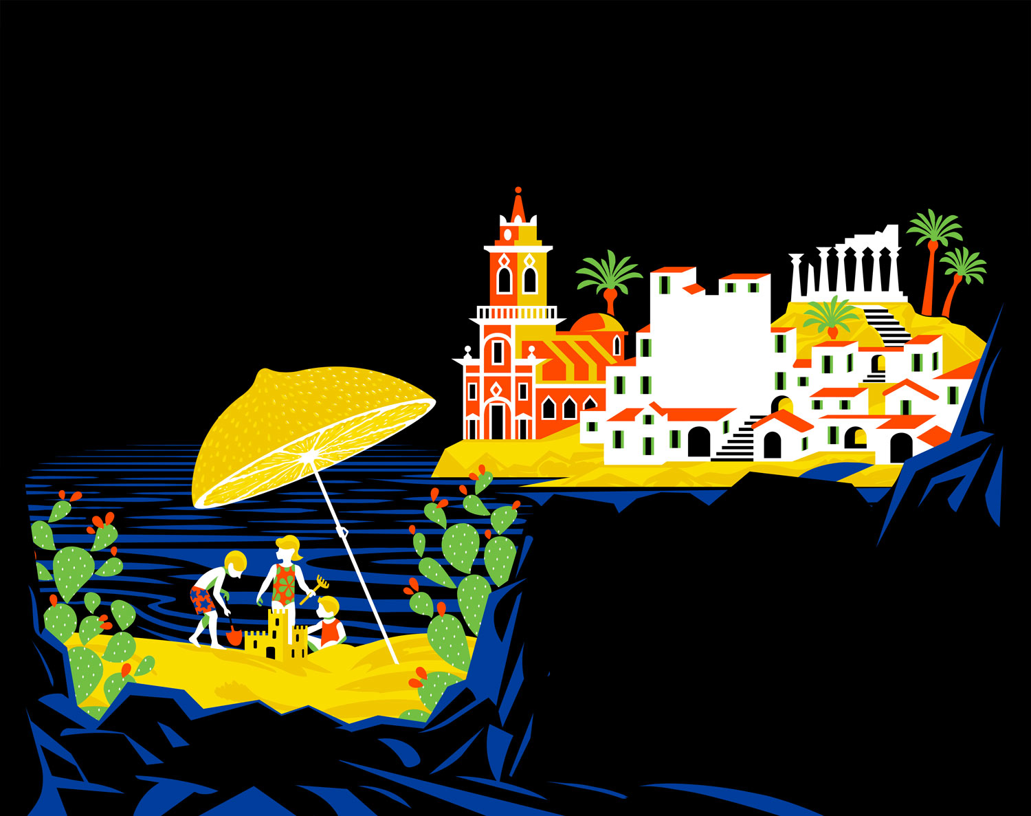 The illustration for the can design dedicated to Sicily. Typical elements of the Italian island such as the fishing village, prickly pears and the ruins of a Greek temple in the background are depicted on this image.