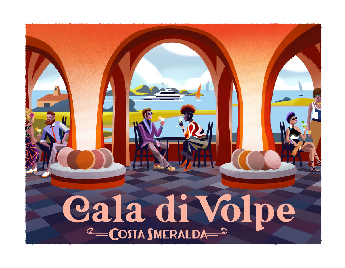 Illustration for tshirt dedicated to Cala di Volpe. Cala di Volpe is the name of a small natural harbor located in the territory of Arzachena. It is also the name of a luxury hotel designed by Jacques Couelle famous for the fact that in summer it is reached by superpanfili who moor on the in the harbor.
The illustration depicts the beautiful spaces designed by Jacques Couelle, with the characteristic vaults overlooking the sea.