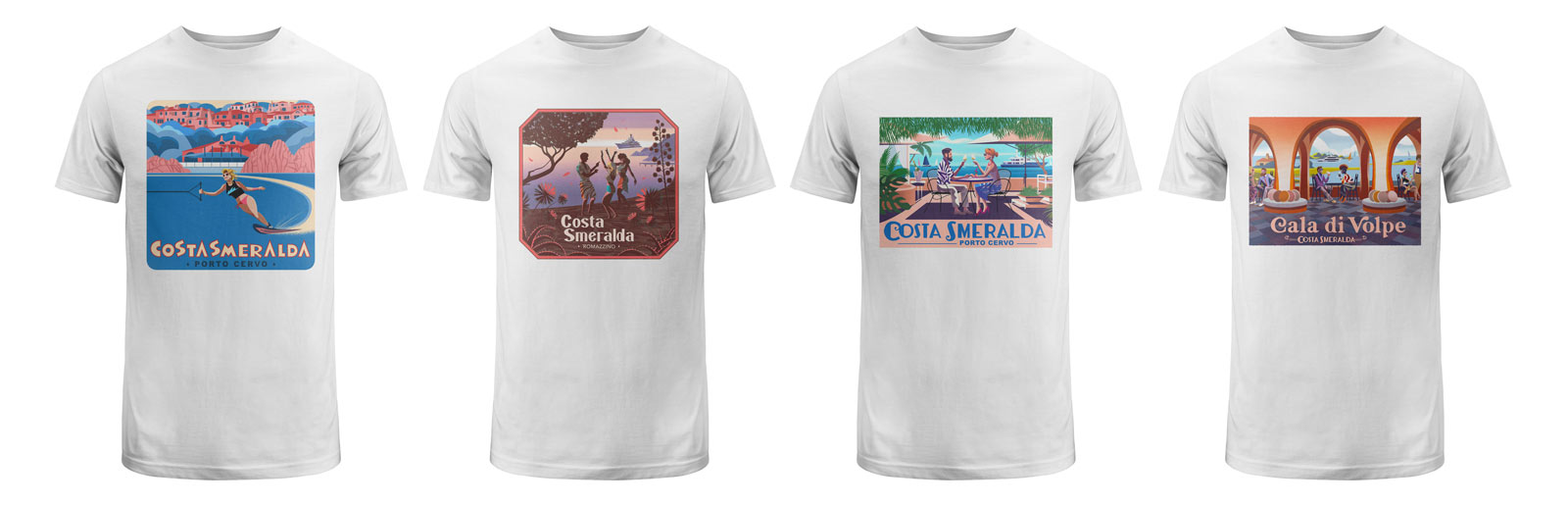 Complete set of illustrated T-shirt designed for Costa Smeralda