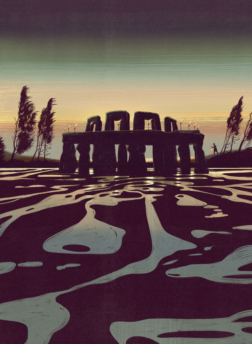Illustration representing Stonehenge and its mysteries. 
The artwork depicts the megalithic cromlech monument built in the late Neolithic period near Amesbury, in the county of Wiltshire, England, 
The purpose for which this great monument was built is unknown, but it is assumed that it was used as an astronomical observatory to predict the seasons.