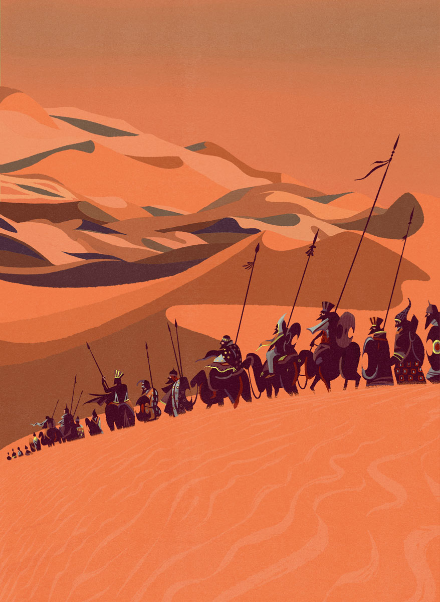 Illustration depicts the so-called Lost Army of Cambises as it enters the desert. This artwork represents the vanguard of the legendary army of 50,000 men who supposedly disappeared in a sandstorm in the Western Desert in 524 BC.