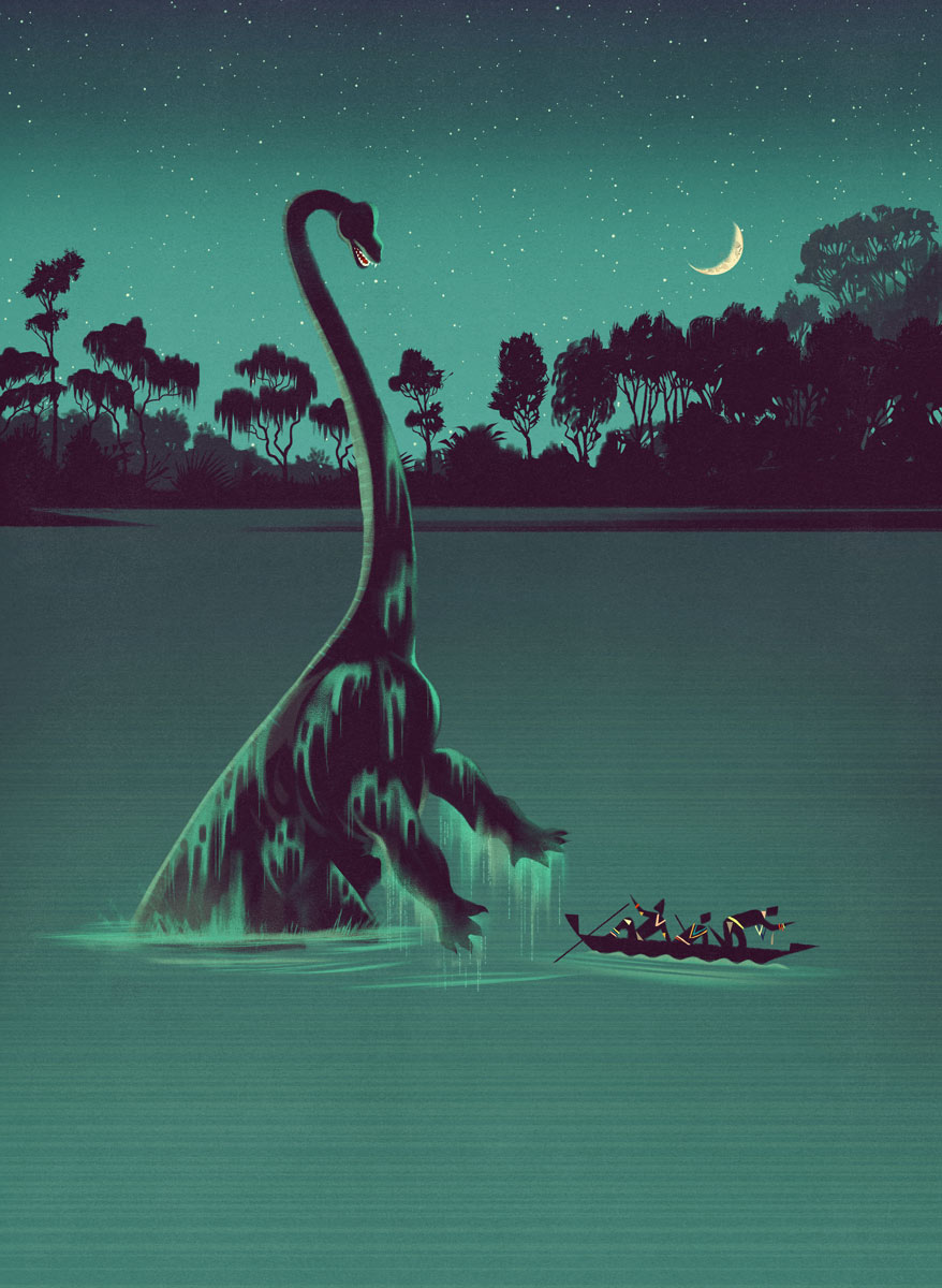 The illustration shows the unexpected chance encounter between a canoe and Mokèle-mbèmbé.
The artwork depicts the beast (Mokèle-mbèmbé is a giant animal in the mythology of several Central African cultures) immersed in the waters of the the swamps of the Likouala-aux-Herbes river in the Republic of Congo.