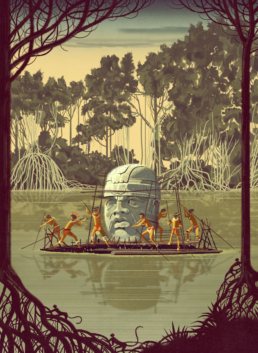 The illustration represents the carriage of an Olmec head