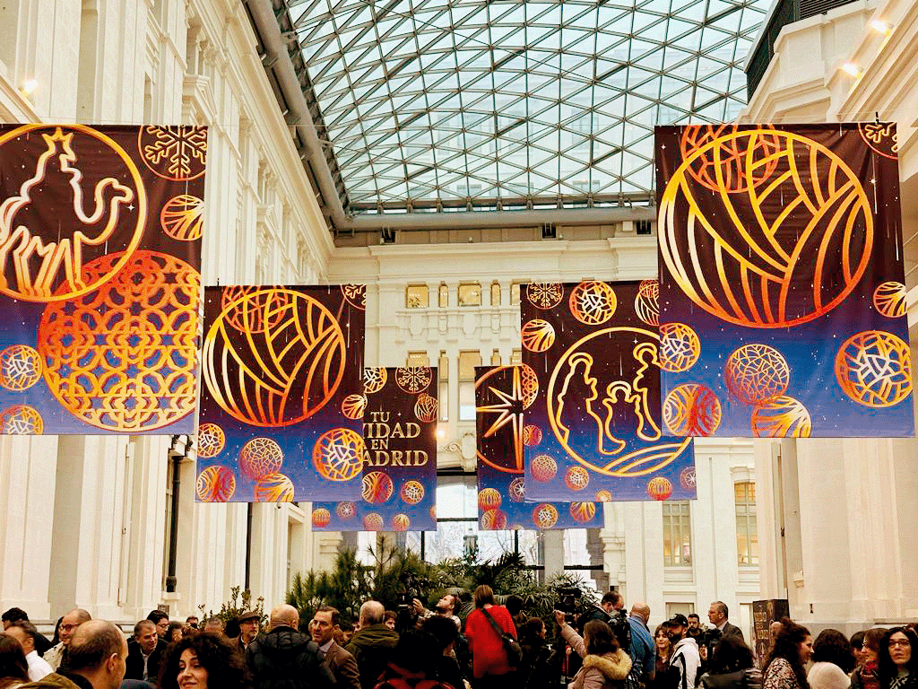 Flags of illustration displayed in the Galería de Cristal (Palacio de Cibeles) in Madrid